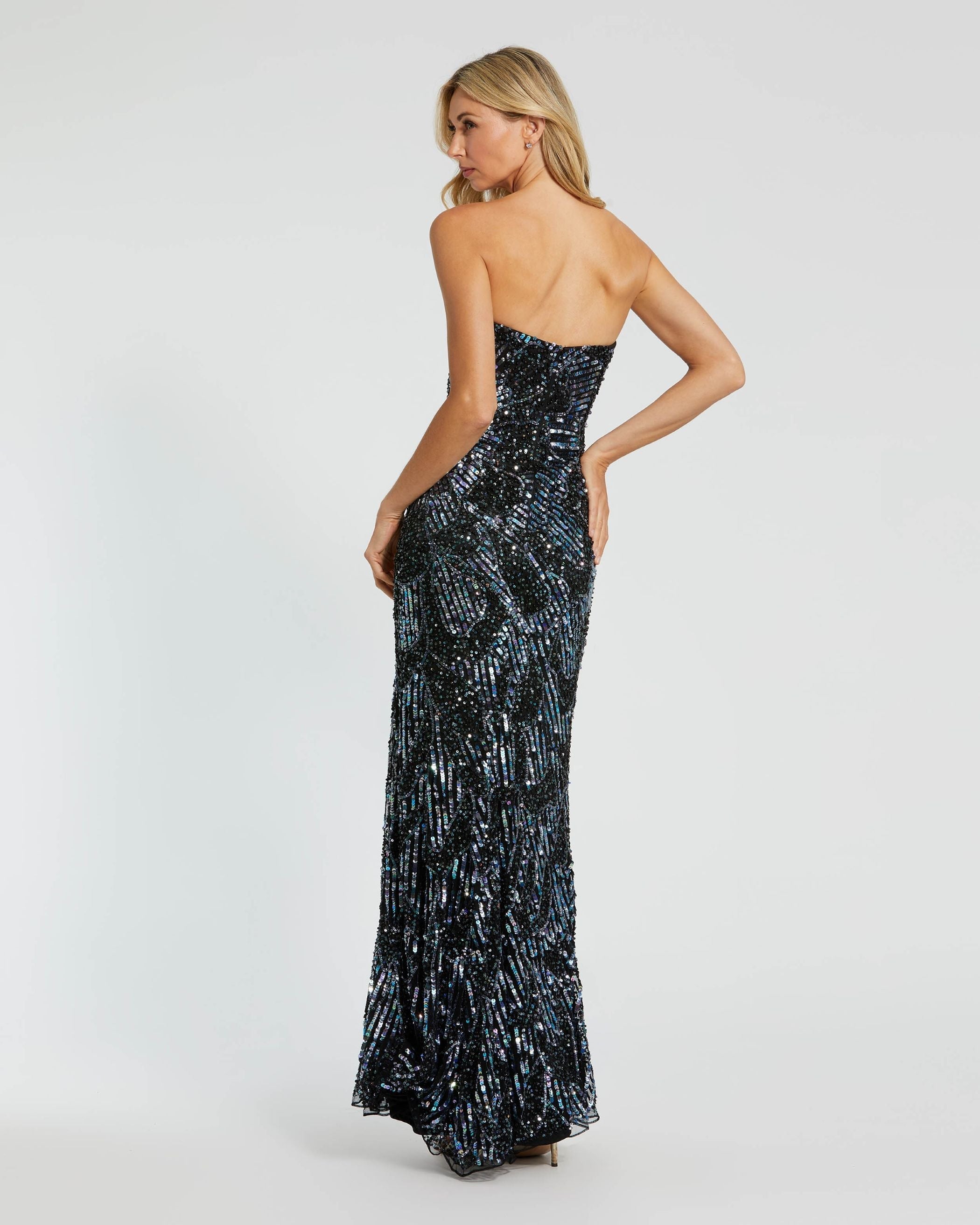 Black Multicolor Sequin Strapless Column Gown