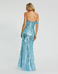 Asymmetric one shoulder mesh sequin gown with split - Aqua Blue