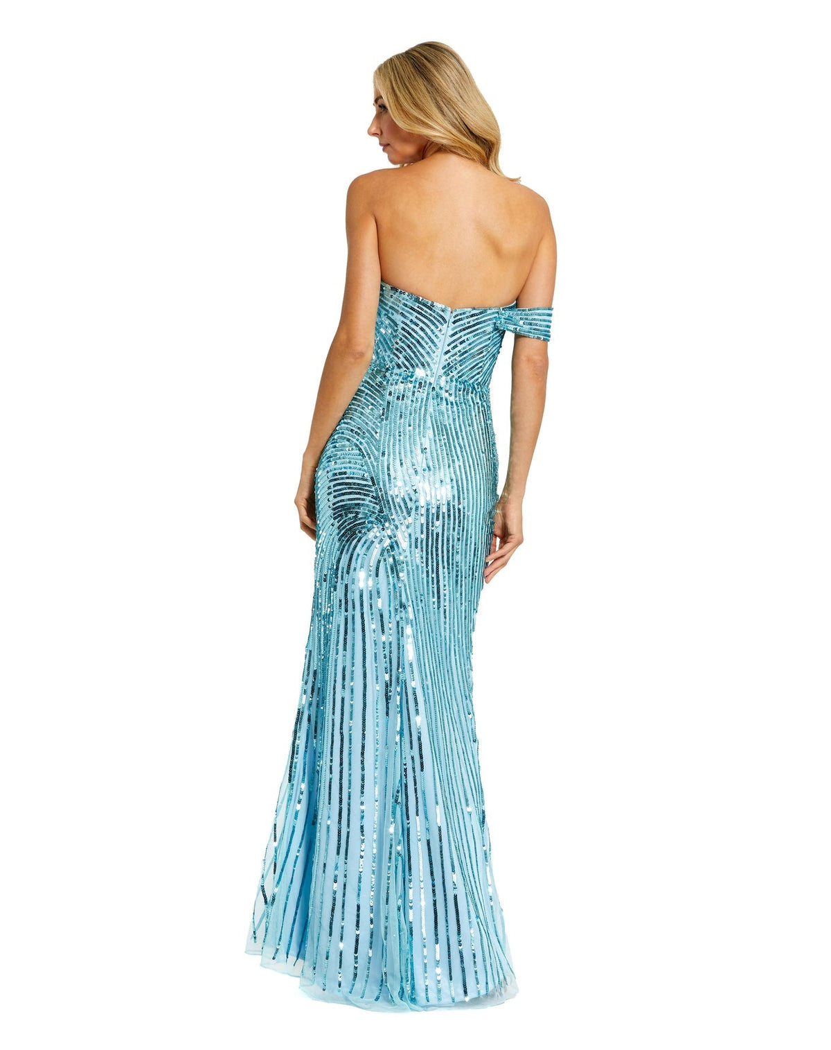 Asymmetric one shoulder mesh sequin gown with split - Aqua Blue