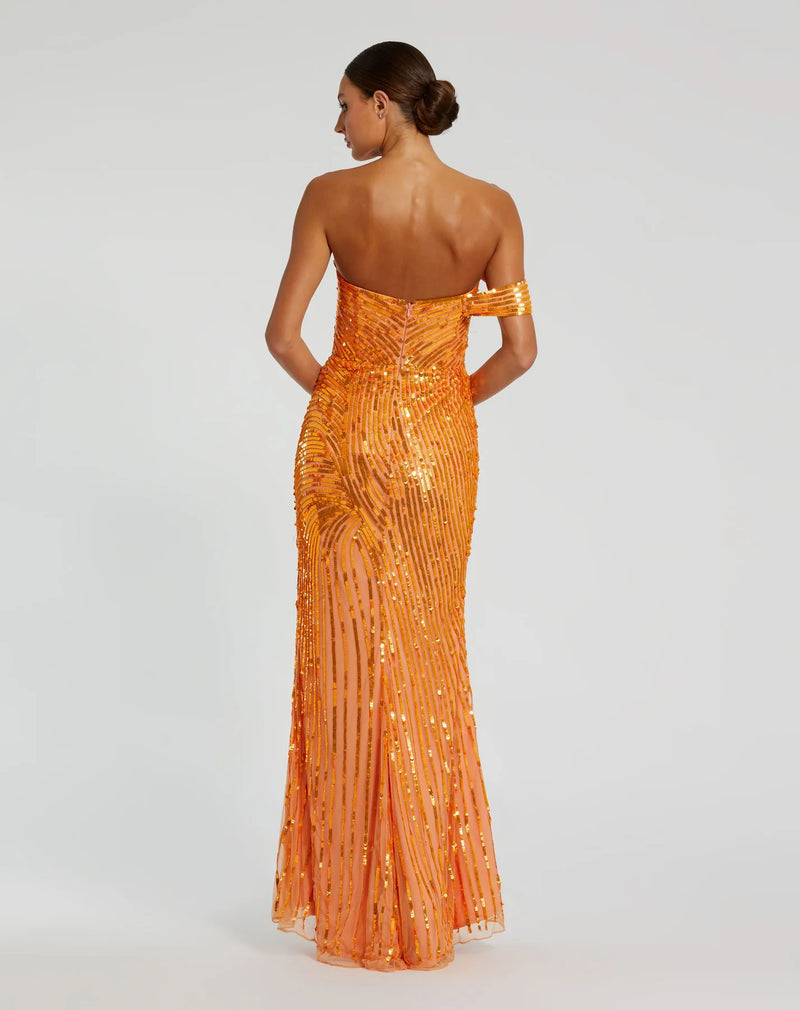 Asymmetric one shoulder mesh sequin gown with split - Aqua Blue