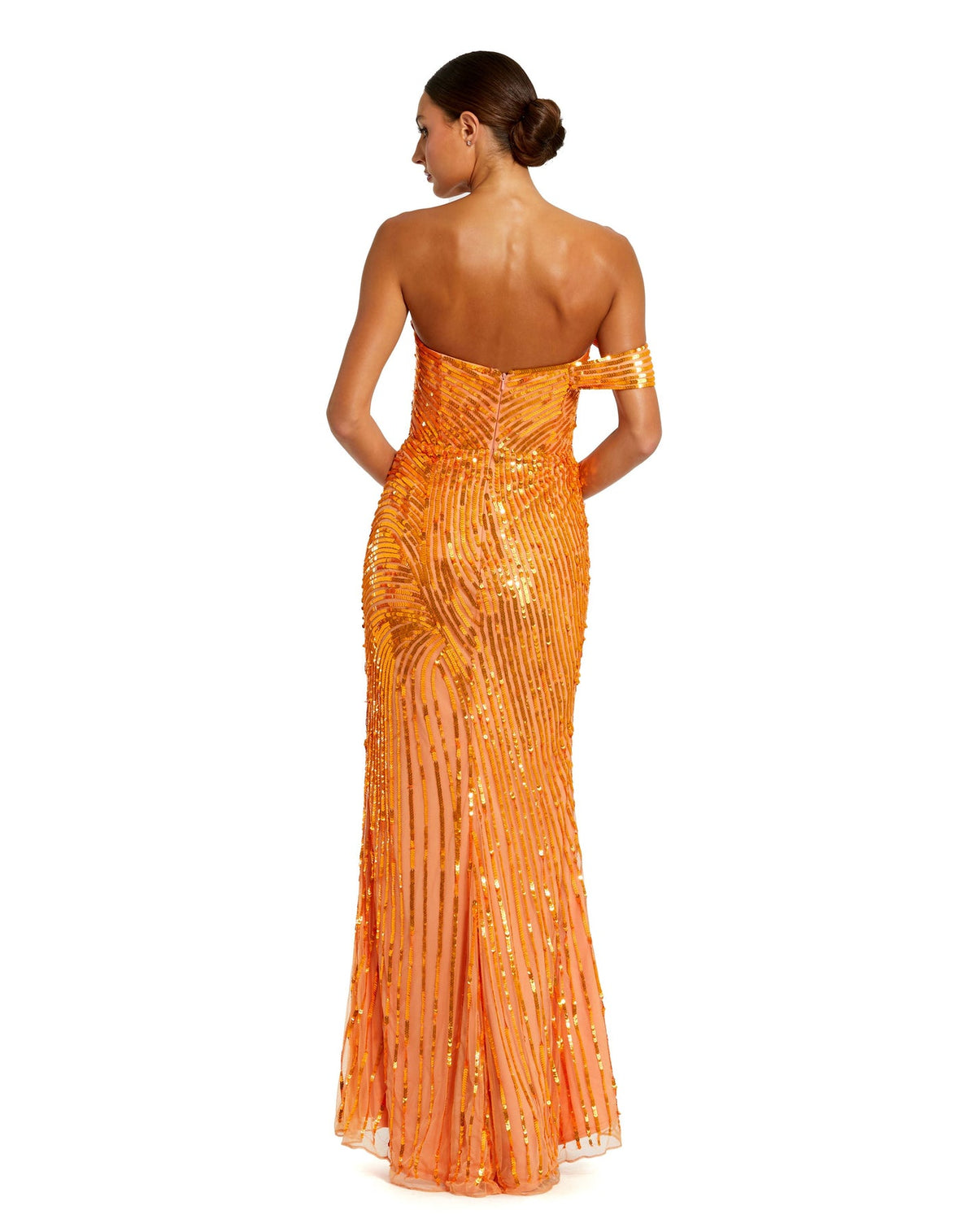 Asymmetric one shoulder mesh sequin gown with split - Orange