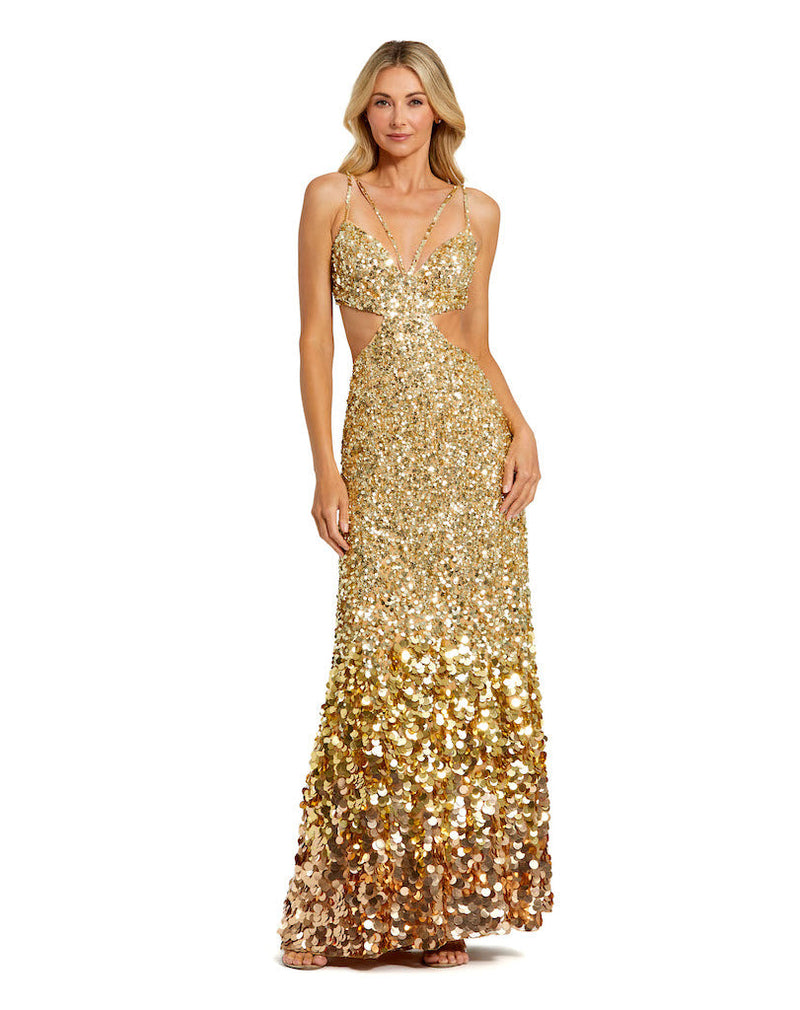 THIN STRAP CUT OUT GOWN WITH OMBRE SEQUINS Regular price Style #6077 Designer: Mac Duggal