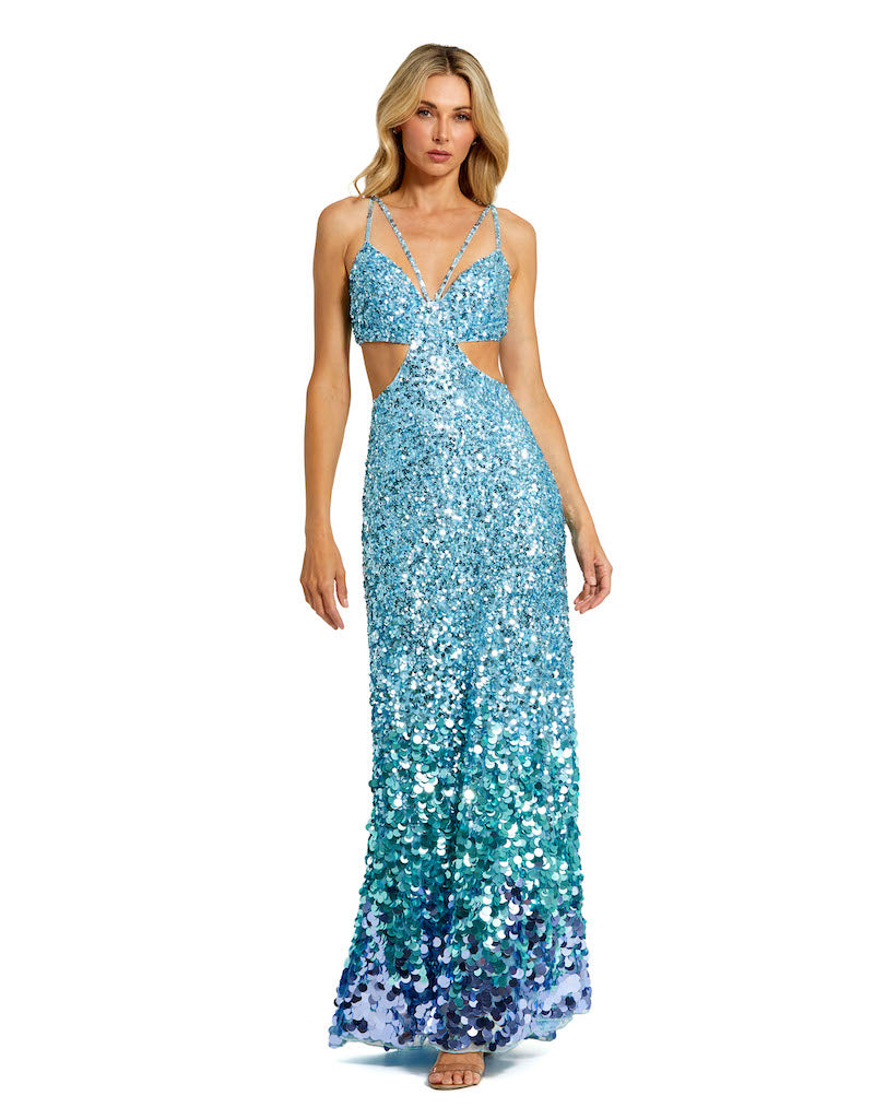 THIN STRAP CUT OUT GOWN WITH OMBRE SEQUINS Style #6077 Designer: Mac Duggal blue