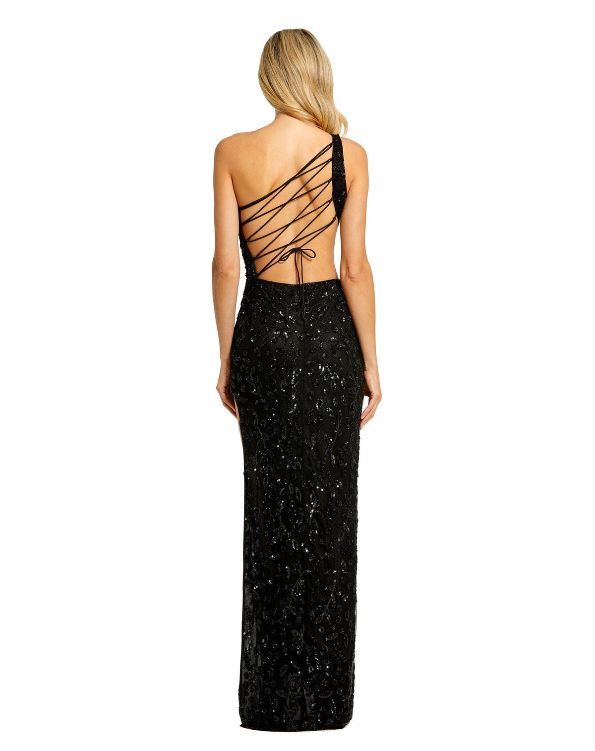 Mac Duggal, Asymmetric one shoulder lace back sequin gown - Black, Style #6084 back view