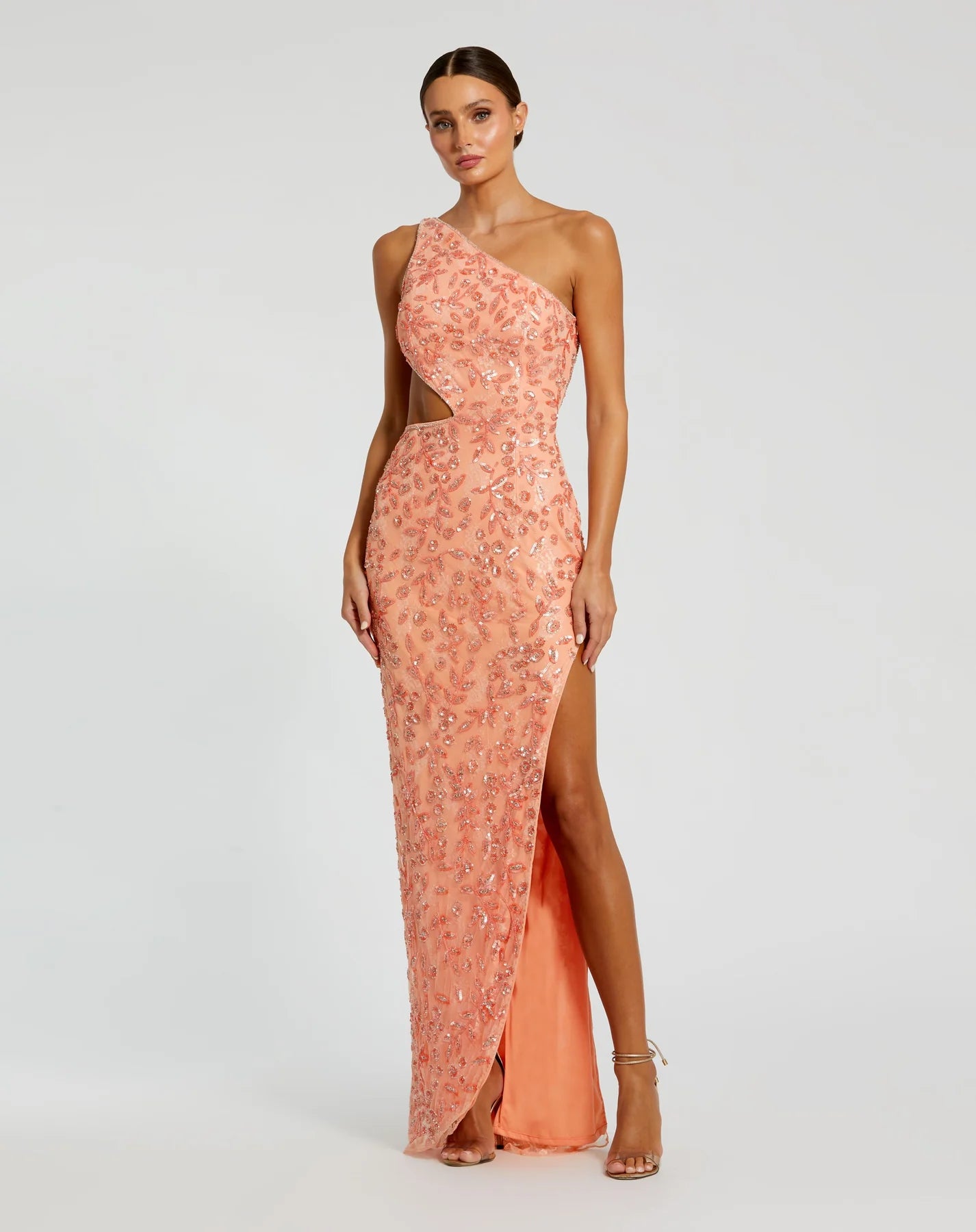 Mac Duggal #6084 Peach Asymmetric one shoulder lace back – Shaide Boutique