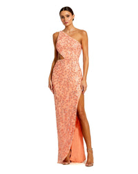 Mac Duggal, Asymmetric one shoulder lace back sequin gown - Style #6084, Peach