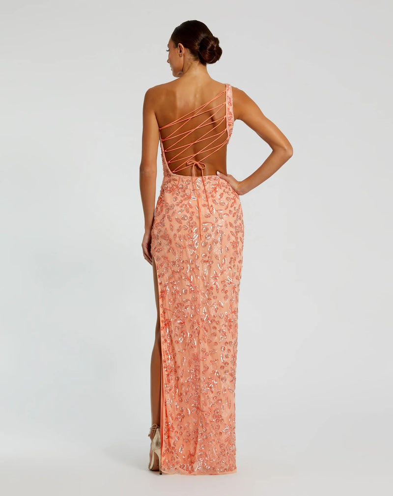 Mac Duggal, Asymmetric one shoulder lace back sequin gown - Peach #6084 Shop Women's Dresses Online! Shaide Boutique Mac Duggal, Asymmetric one shoulder lace back sequin gown - Peach #6084 Shop Women's Dresses Online! Shaide Boutique