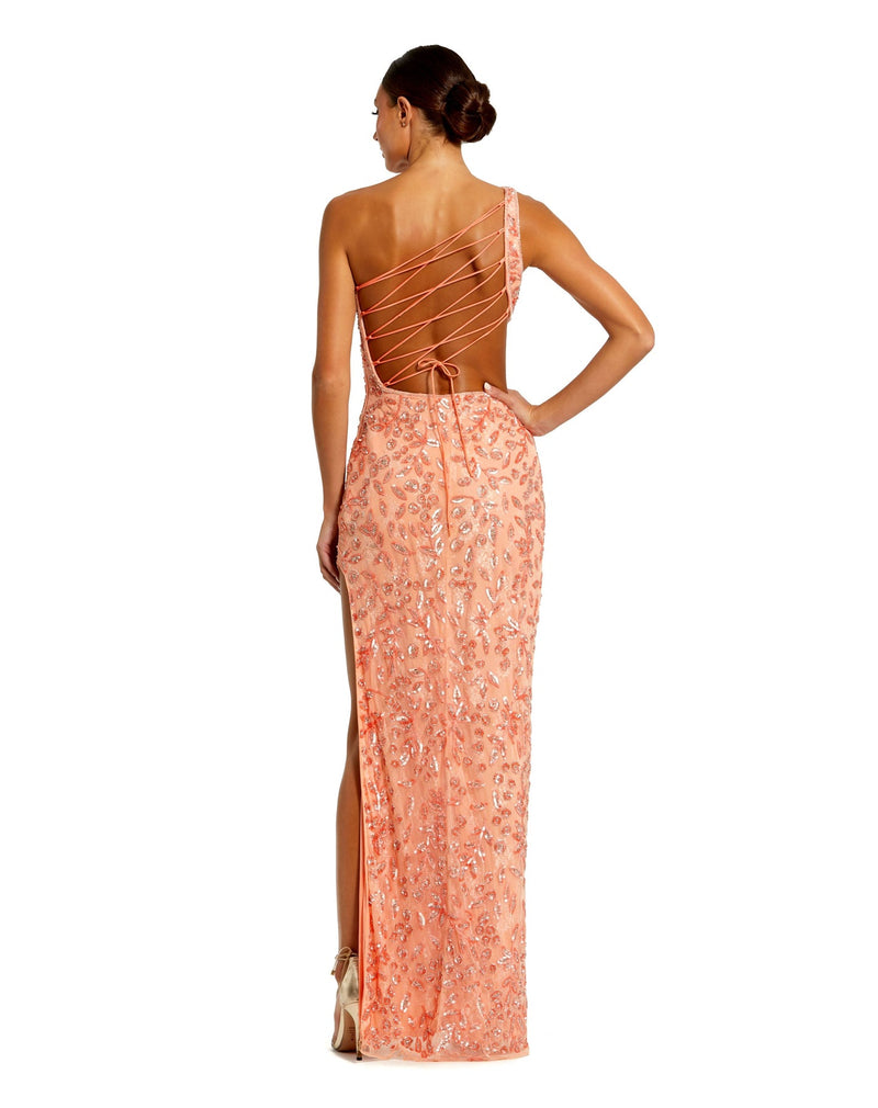 Mac Duggal, Asymmetric one shoulder lace back sequin gown - Style #6084, Peach back view