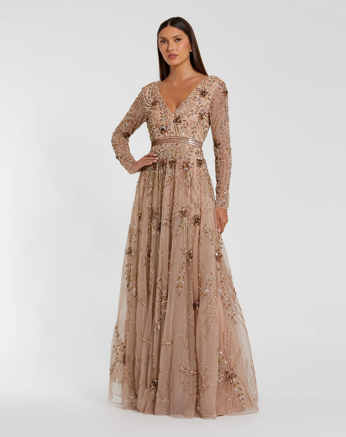 Mac Duggal Beige Embellished Sheer Sleeve A-Line Gown - Antique Rose #6086