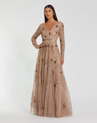 Mac Duggal Beige Embellished Sheer Sleeve A-Line Gown - Antique Rose #6086