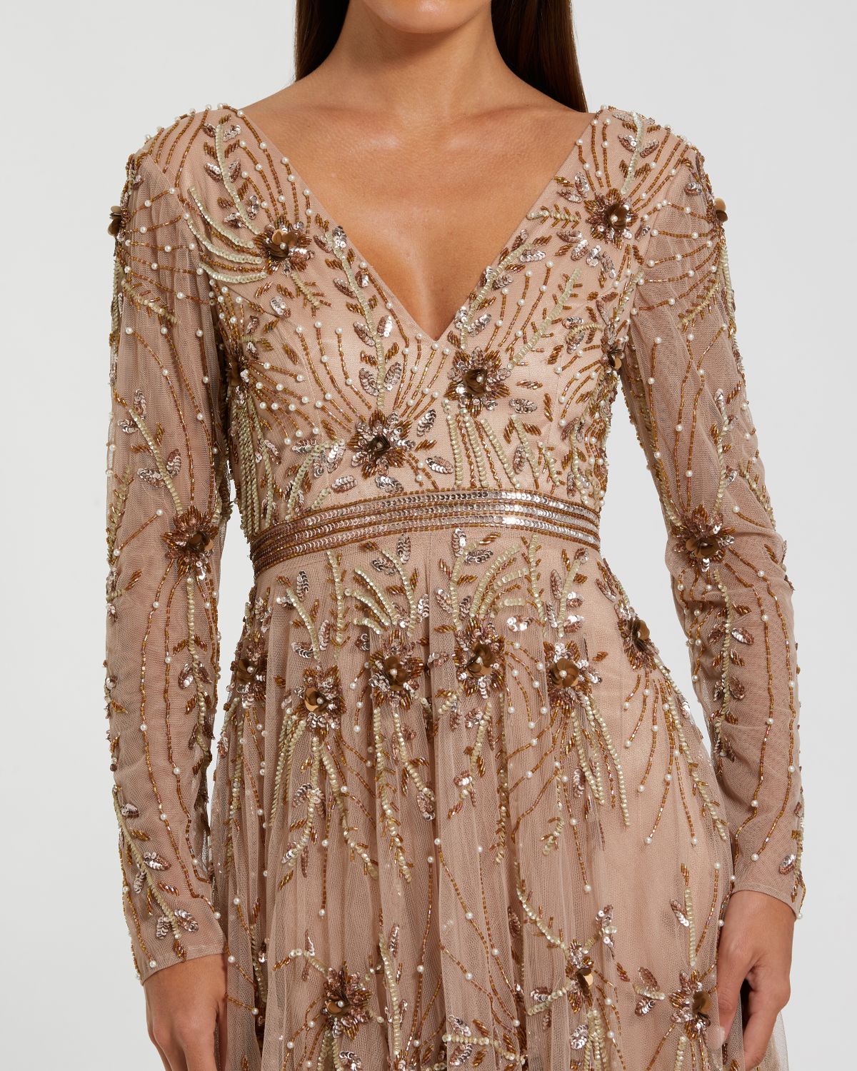 Embellished Long Sleeve Gown - Antique Rose