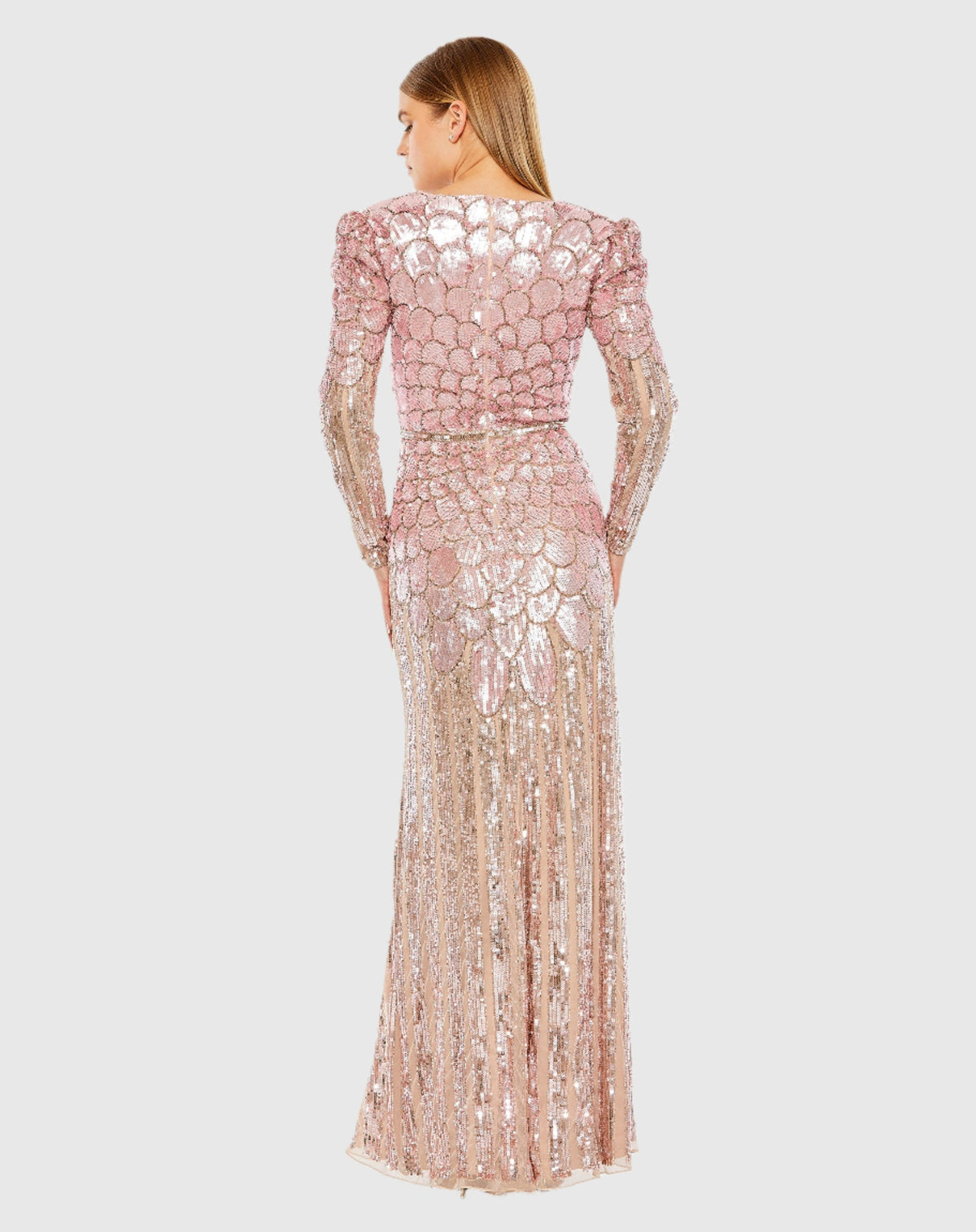 All over sequin long sleeve V neck Gown - Rose Gold