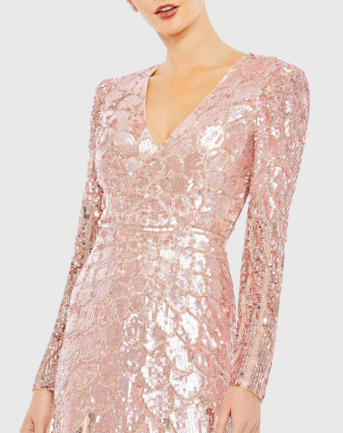 All over sequin long sleeve V neck Gown - Rose Gold