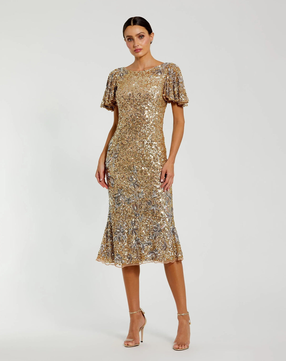 Flutter Sleeve Floral Embellished Sequin Midi Dress - Nude Gold front