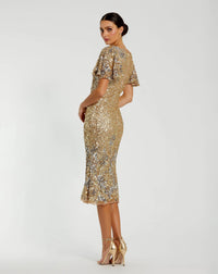 Flutter Sleeve Floral Embellished Sequin Midi Dress - Nude Gold back
