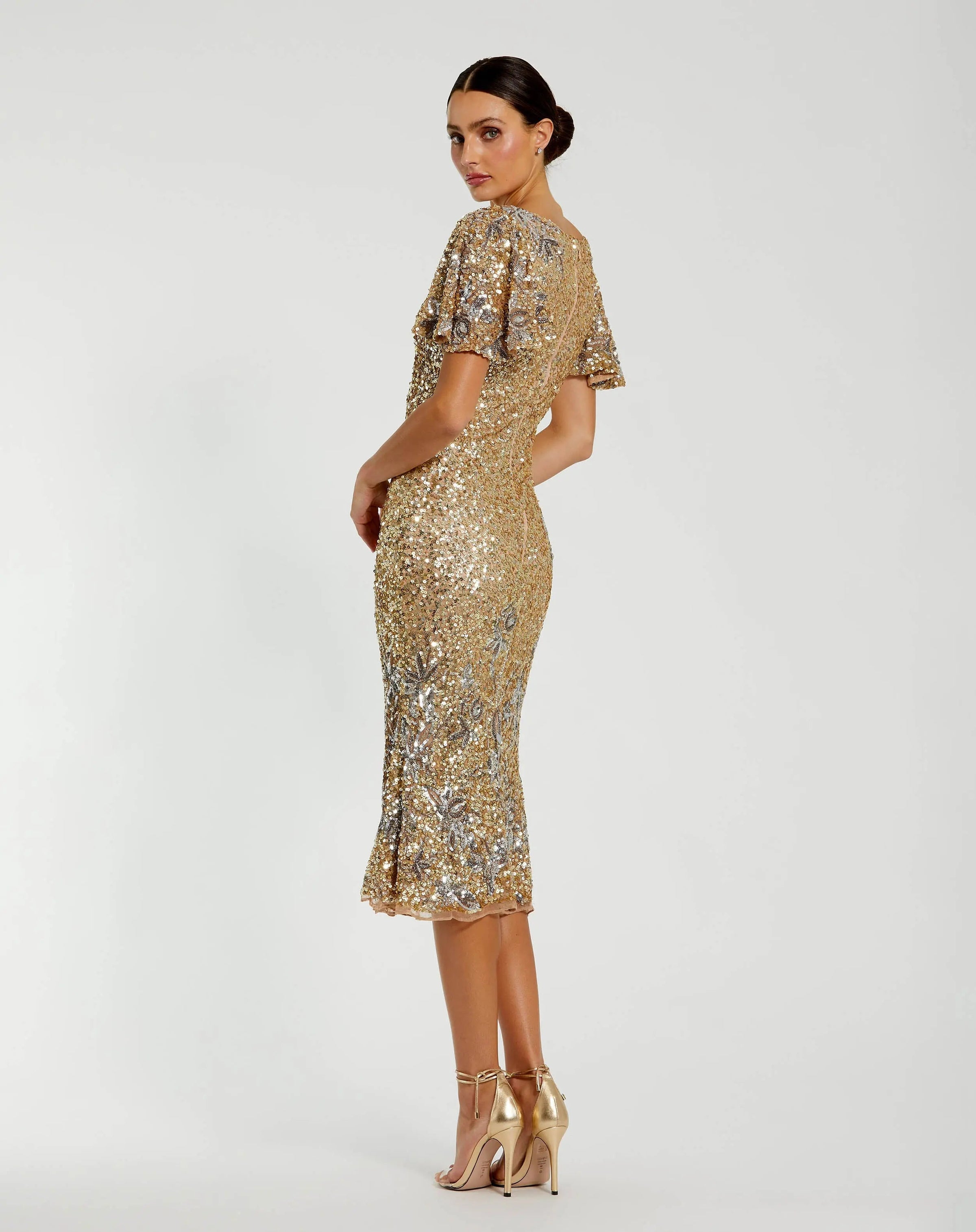 Flutter Sleeve Floral Embellished Sequin Midi Dress - Nude Gold back
