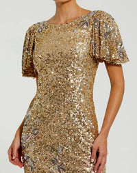 Flutter Sleeve Floral Embellished Sequin Midi Dress - Nude Gold detail