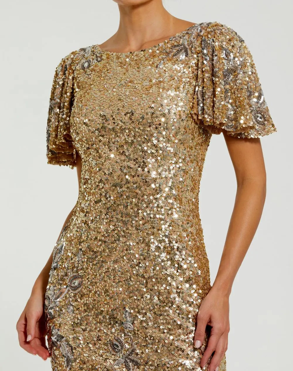 Flutter Sleeve Floral Embellished Sequin Midi Dress - Nude Gold detail