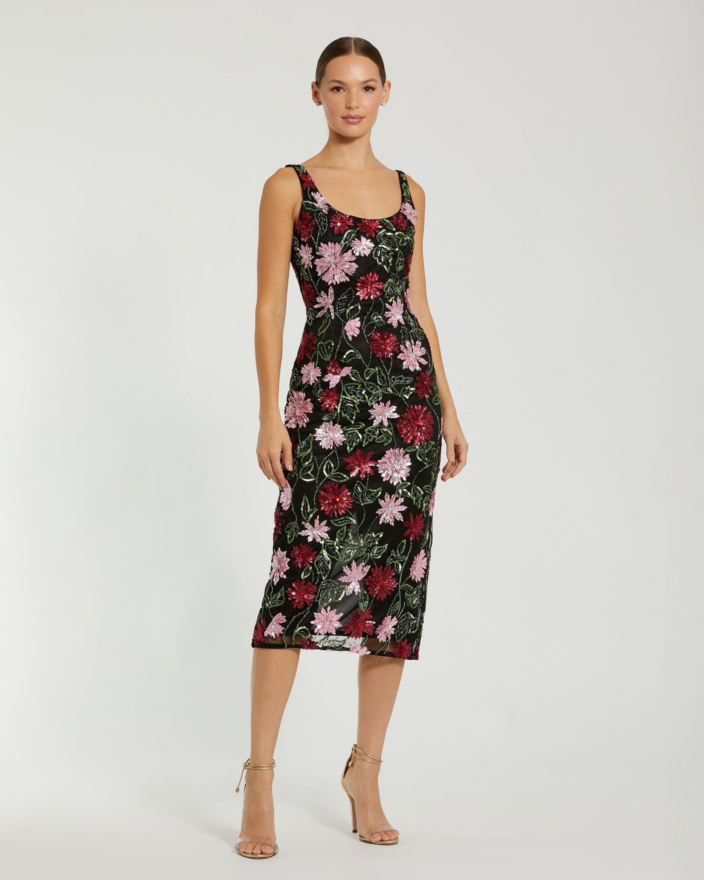 Mac Duggal #6124 black multi floral beaded scoop neck midi dress
