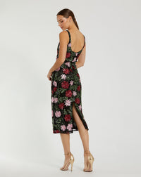 Mac Duggal #6124 black multi floral beaded scoop neck midi dress