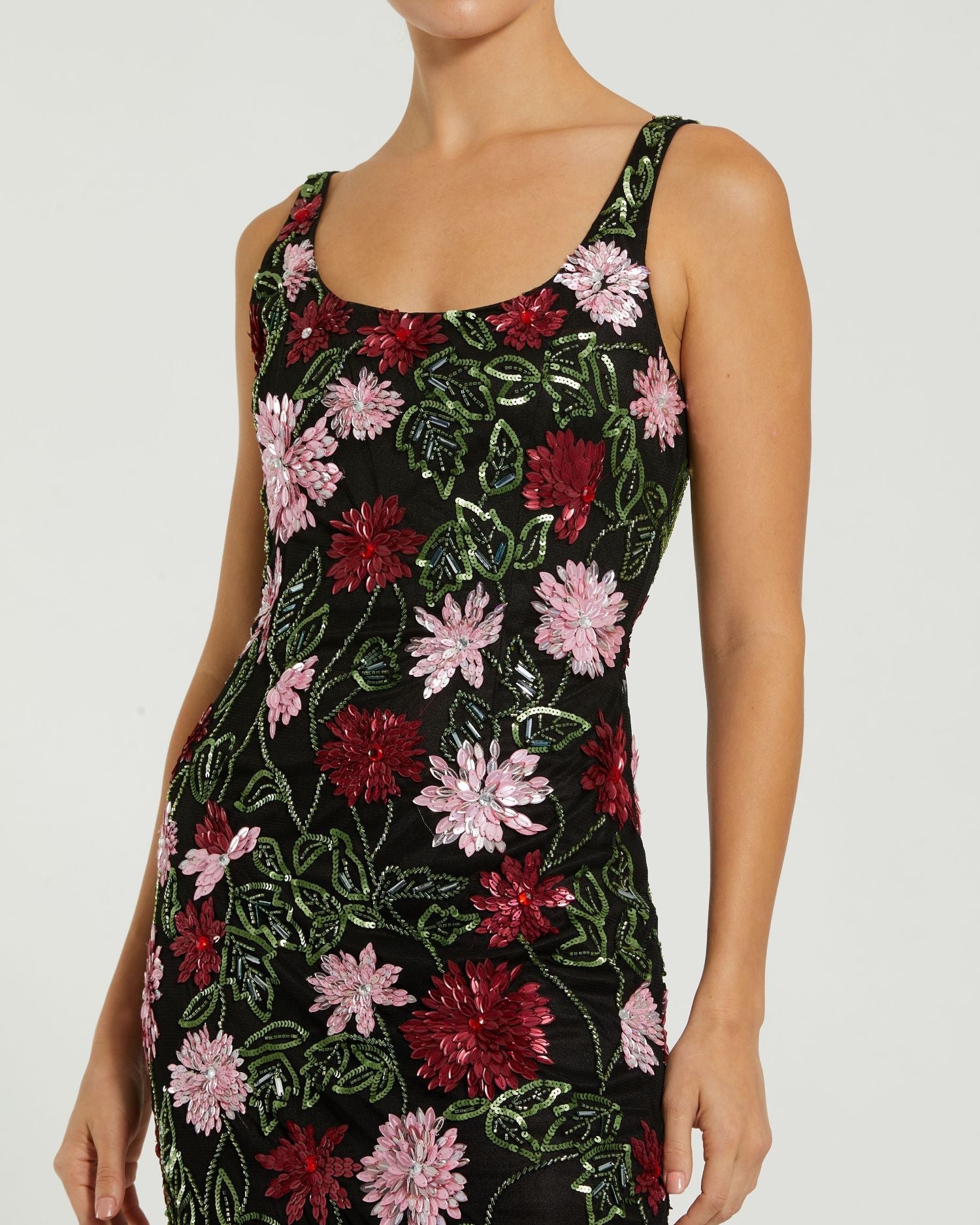 Mac Duggal #6124 black multi floral beaded scoop neck midi dress