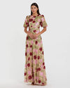 Mac Duggal Beige Floral Beaded Mesh Puff Sleeve Gown Nude Multi #6125
