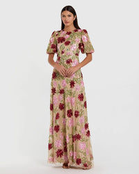 Mac Duggal Beige Floral Beaded Mesh Puff Sleeve Gown Nude Multi #6125