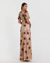 Floral Beaded Mesh Puff Sleeve Gown - Beige