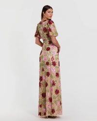 Floral Beaded Mesh Puff Sleeve Gown - Beige