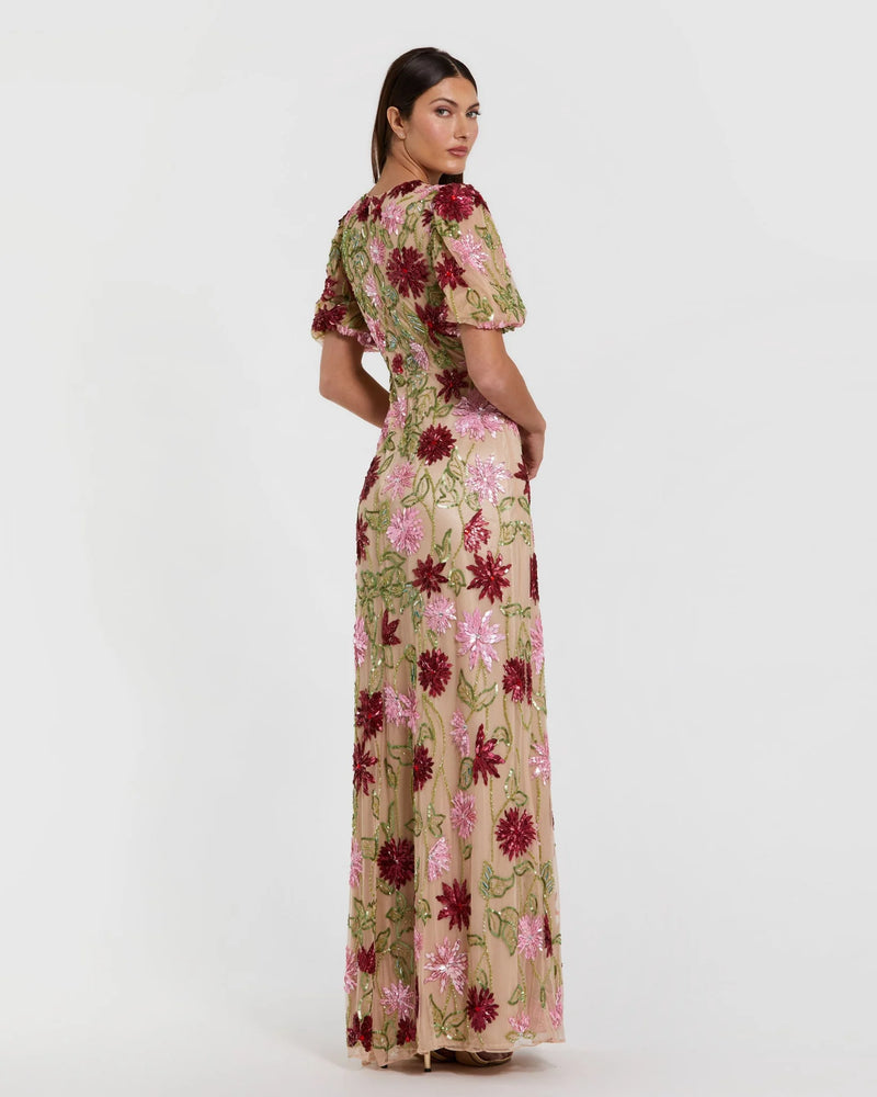 Floral Beaded Mesh Puff Sleeve Gown - Beige