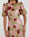 Floral Beaded Mesh Puff Sleeve Gown - Beige