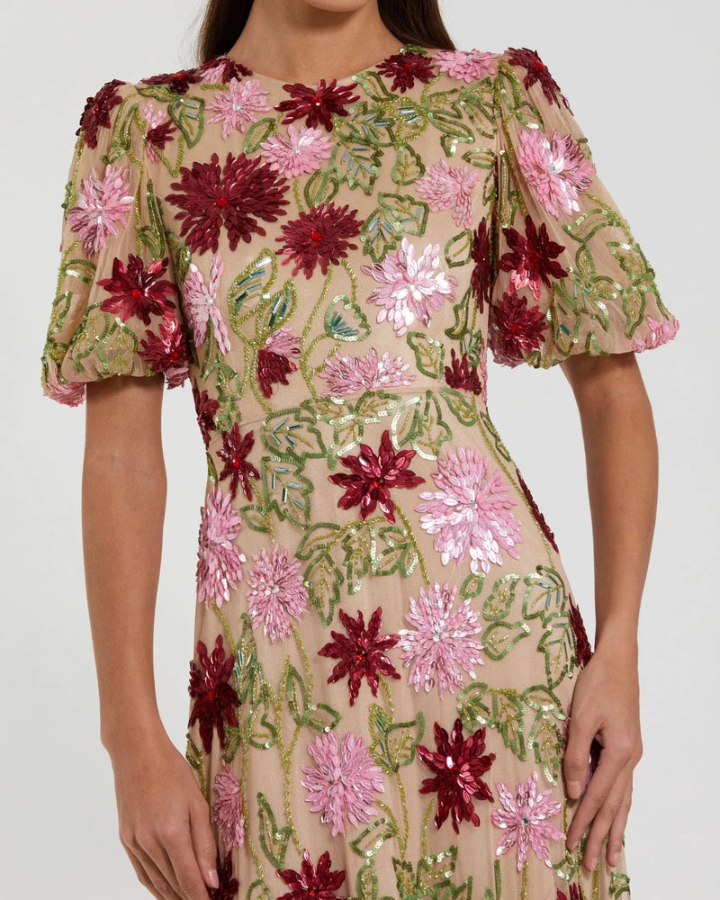 Floral Beaded Mesh Puff Sleeve Gown - Beige