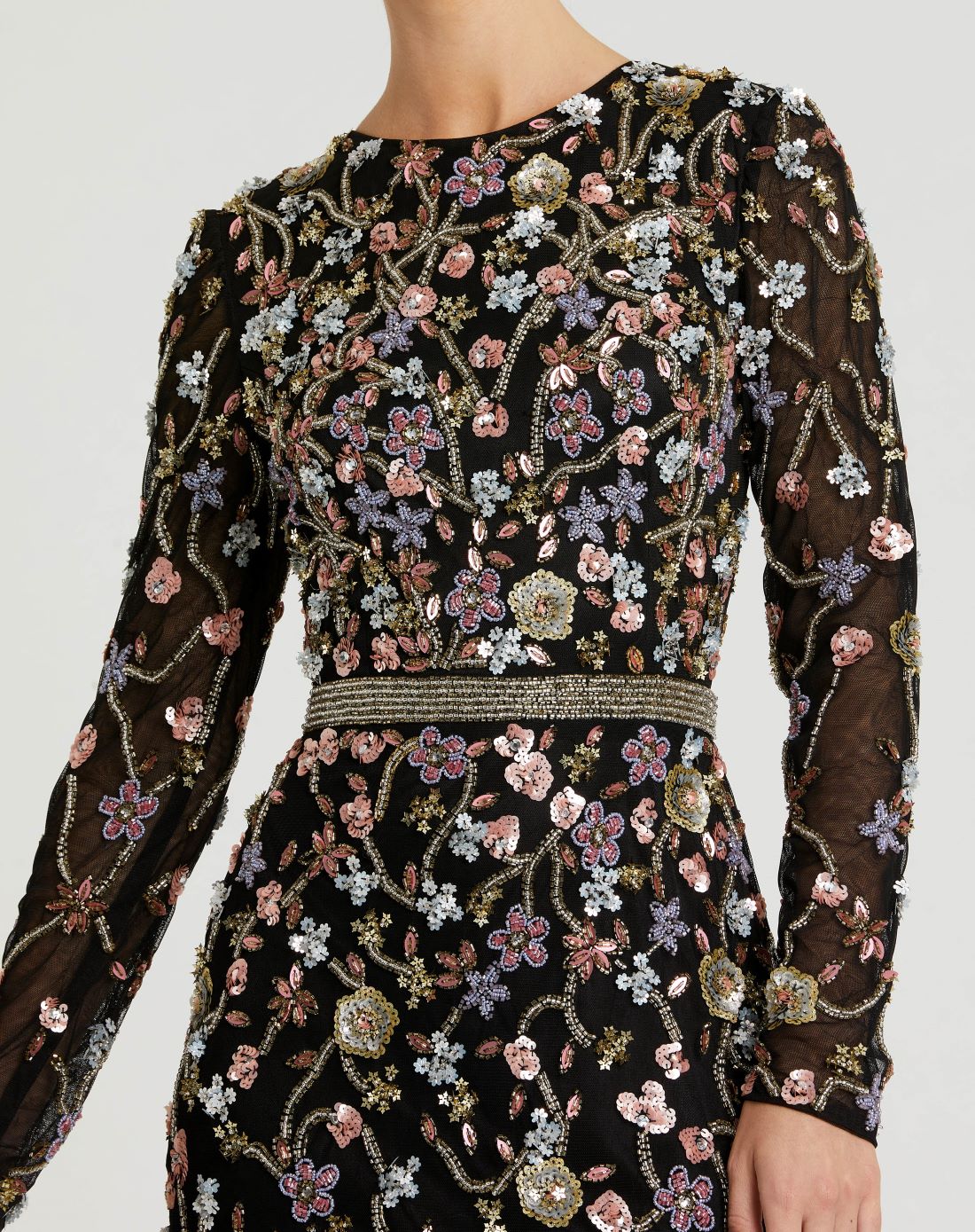Floral embellished long sleeve modest gown - Black