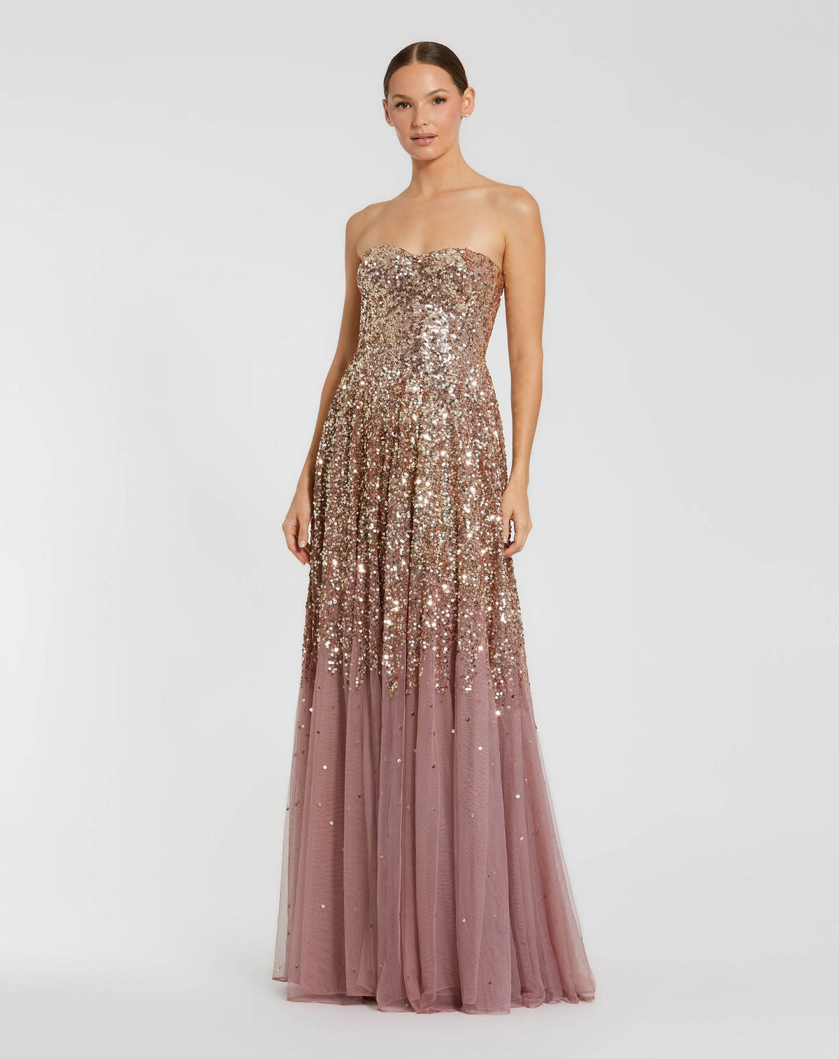 Close-up of the strapless sweetheart neckline and sequin-embellished bodice on a Gold Amethyst gown.