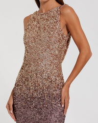Close-up of the ombré sequin embellishments on a Gold Amethyst column gown.