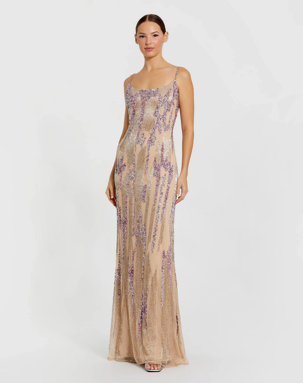 Mac Duggal Beige Spaghetti Strap Beaded Column Gown #6150
