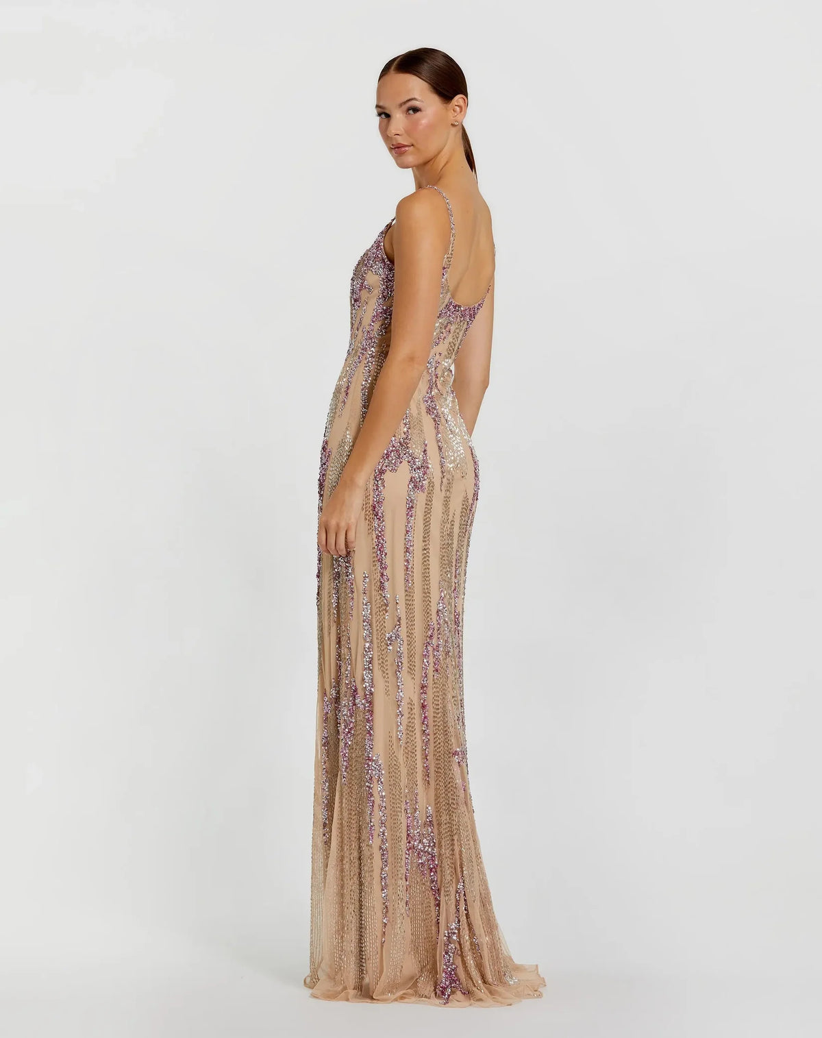 Mac Duggal Beige Spaghetti Strap Beaded Column Gown #6150