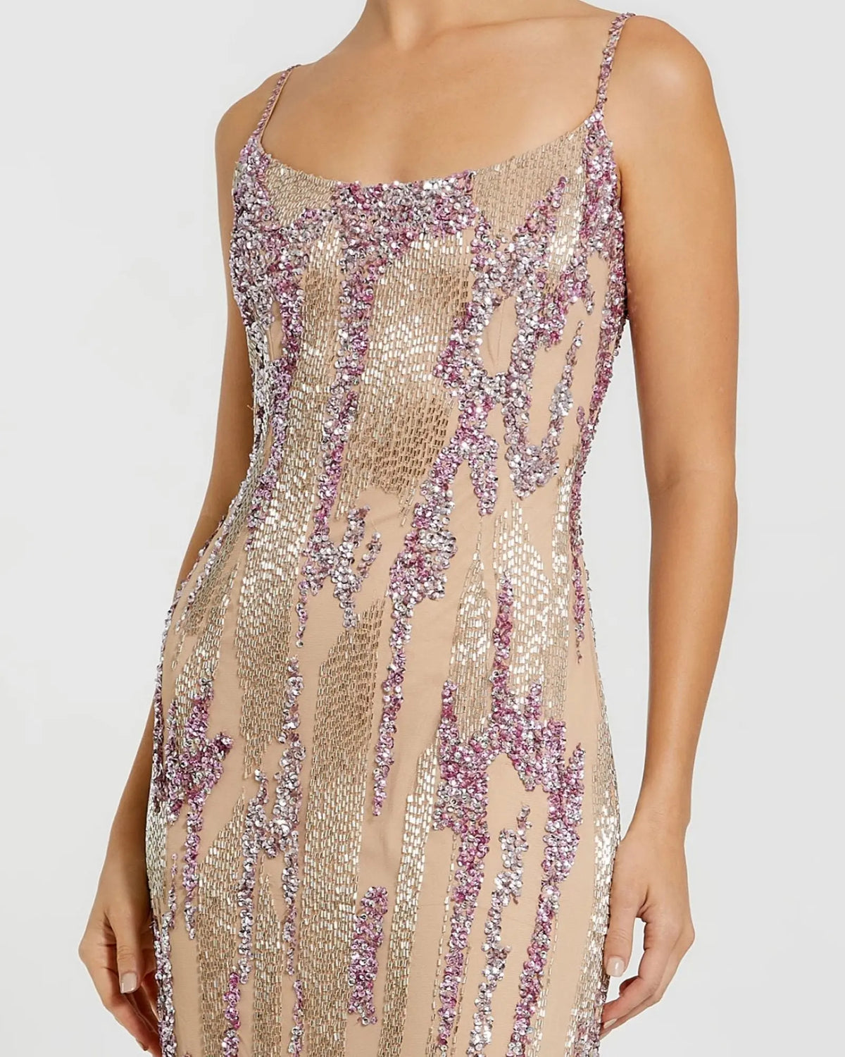 Mac Duggal Beige Spaghetti Strap Beaded Column Gown #6150