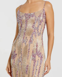 Mac Duggal Beige Spaghetti Strap Beaded Column Gown #6150