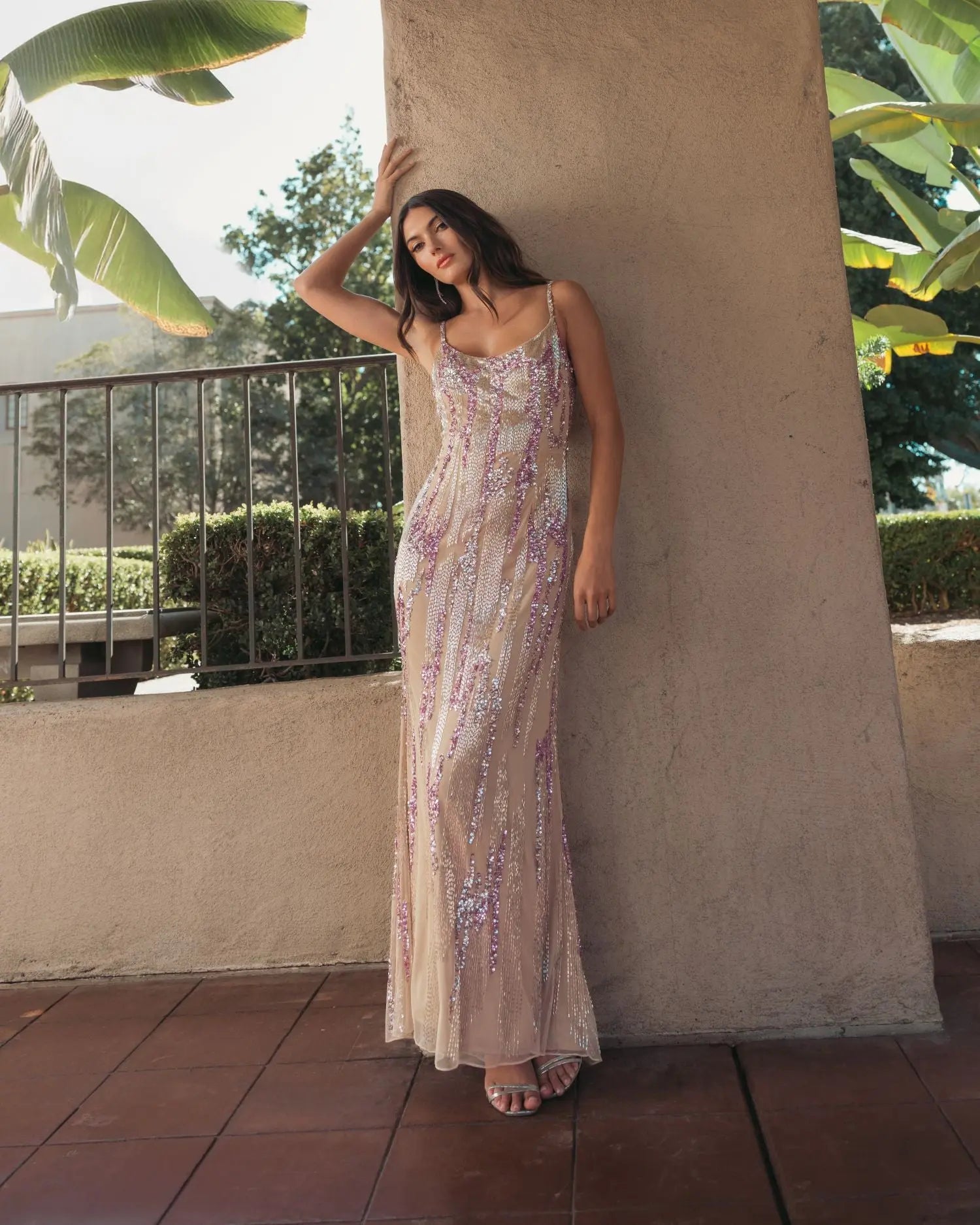 Mac Duggal Beige Spaghetti Strap Beaded Column Gown #6150