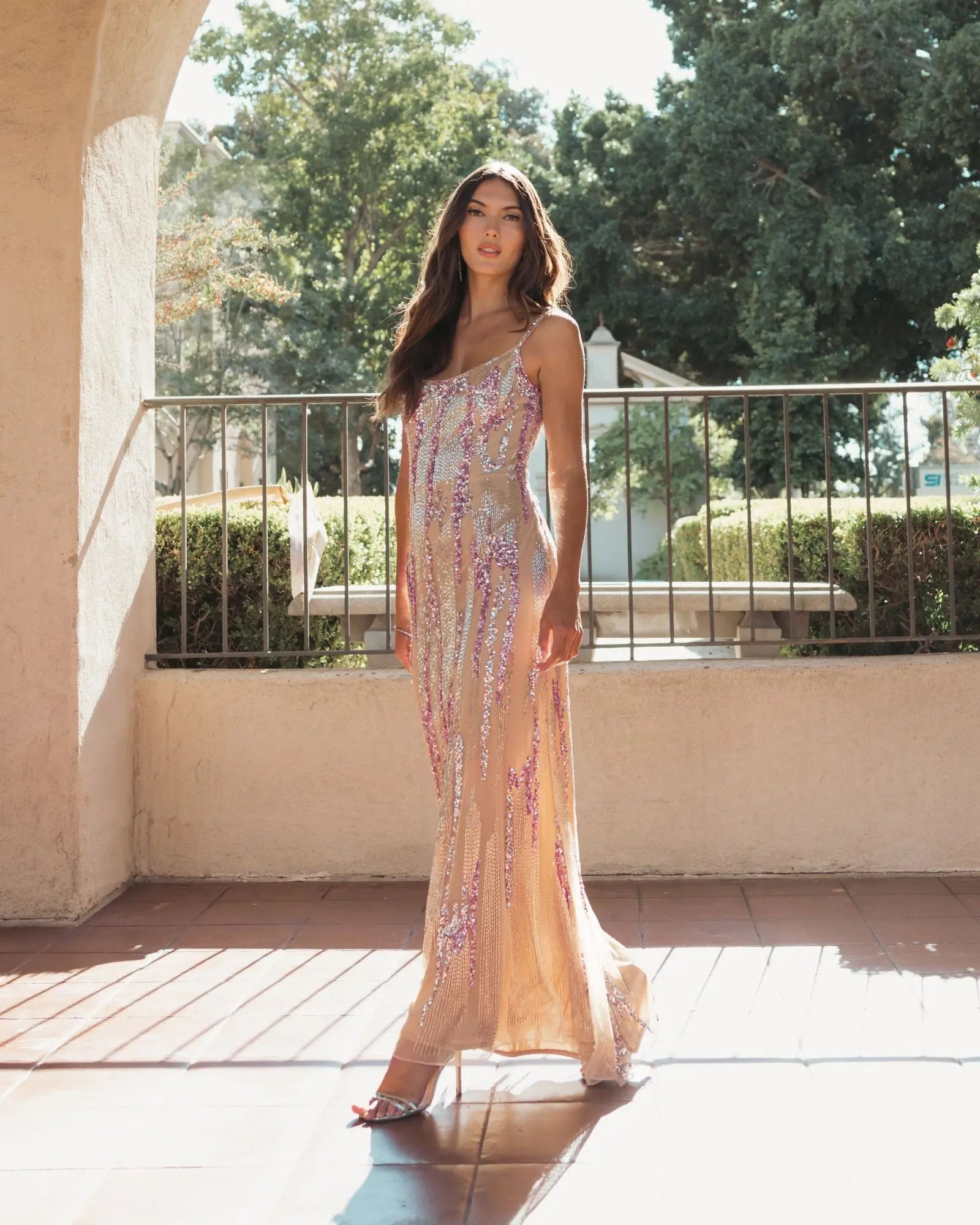 Mac Duggal #6150 Nude spaghetti strap beaded column gown – Shaide Boutique
