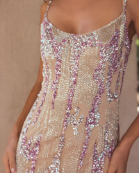 Mac Duggal Beige Spaghetti Strap Beaded Column Gown #6150