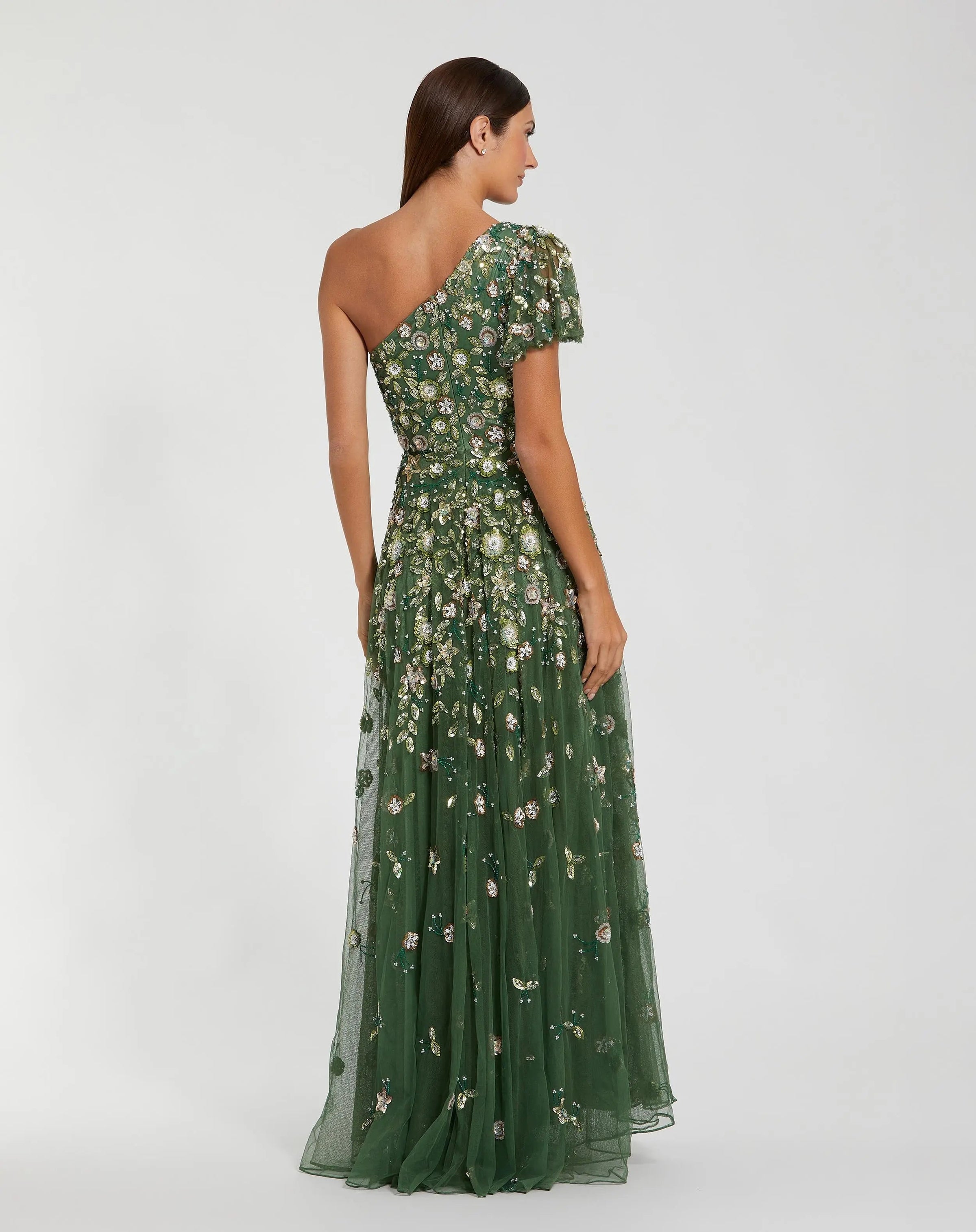 Mac Duggal 6159 Sage one shoulder embellished A line gown - Back view