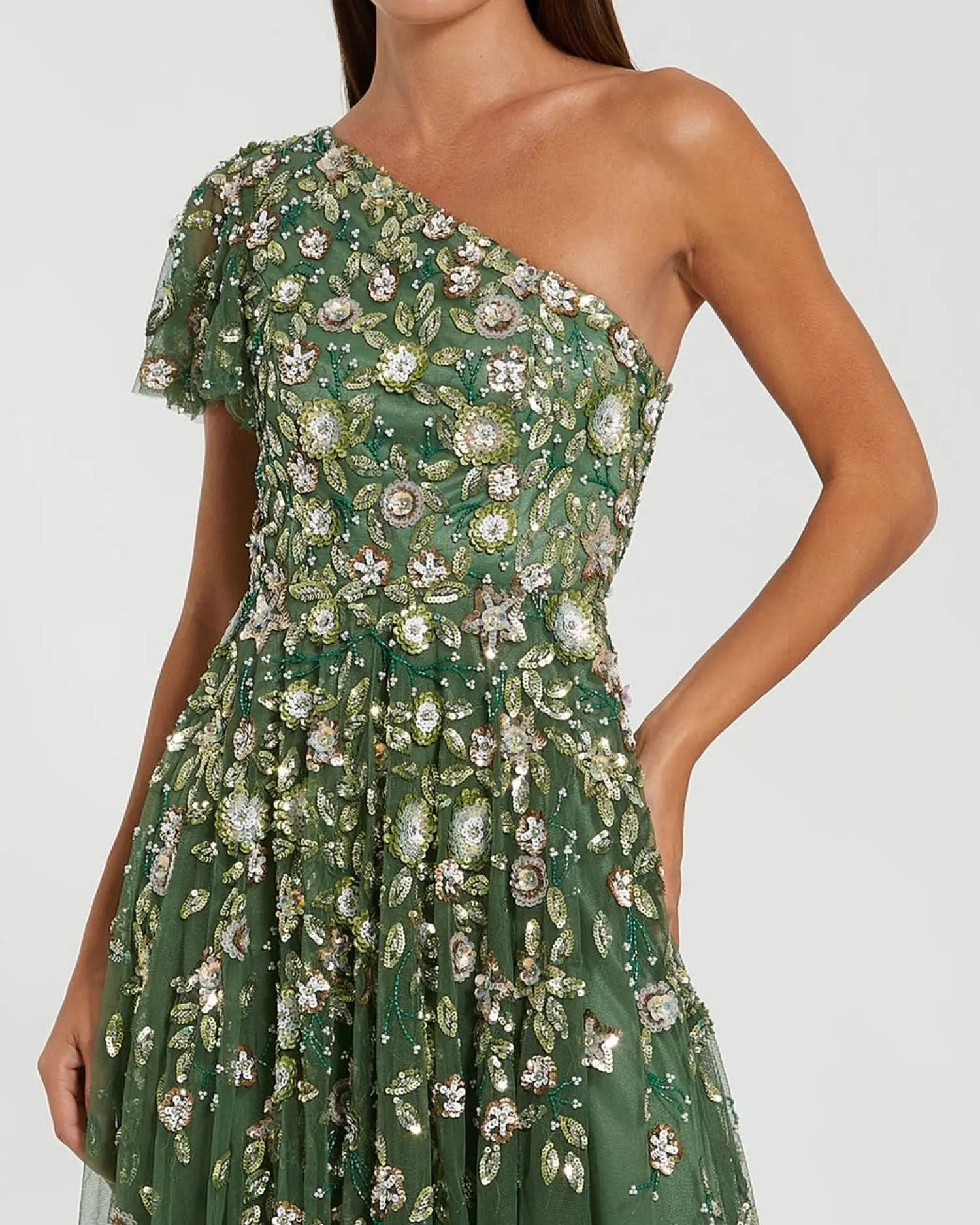 Mac Duggal 6159 Sage one shoulder embellished A line gown - Close up detail