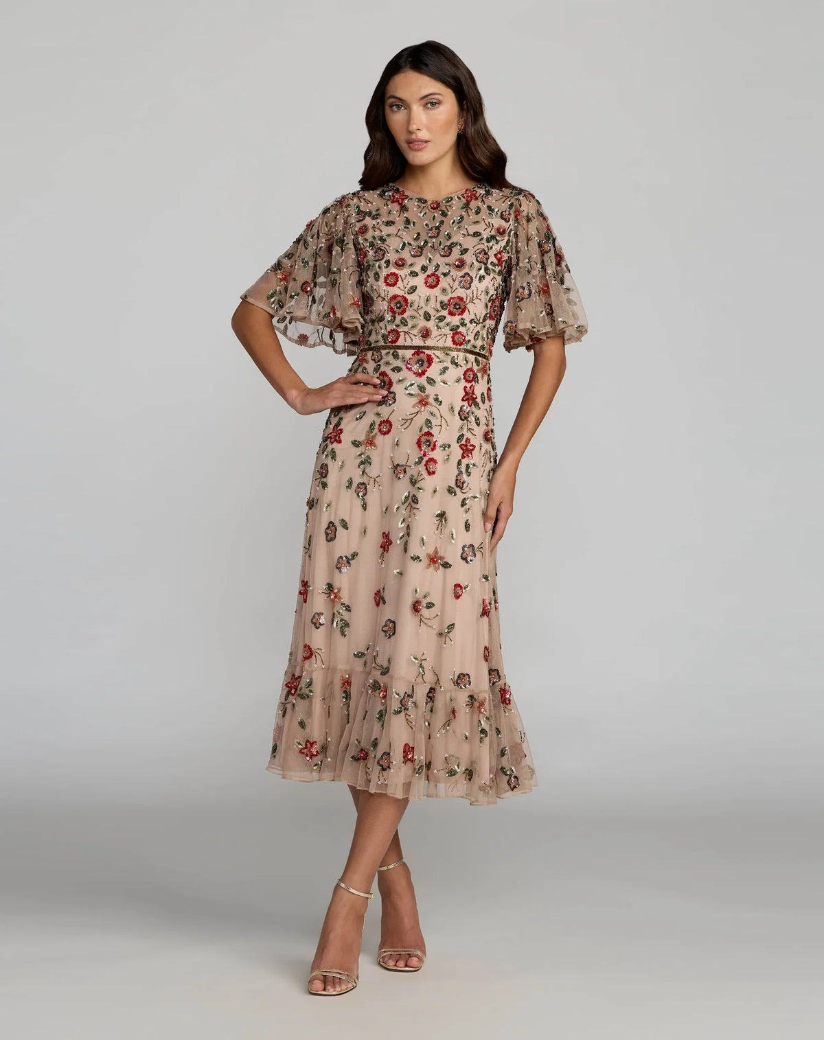 Mac Duggal 6162 Antique Rose floral beaded mesh flutter sleeve midi dress - front