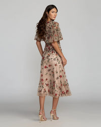 Mac Duggal 6162 Antique Rose floral beaded mesh flutter sleeve midi dress - back
