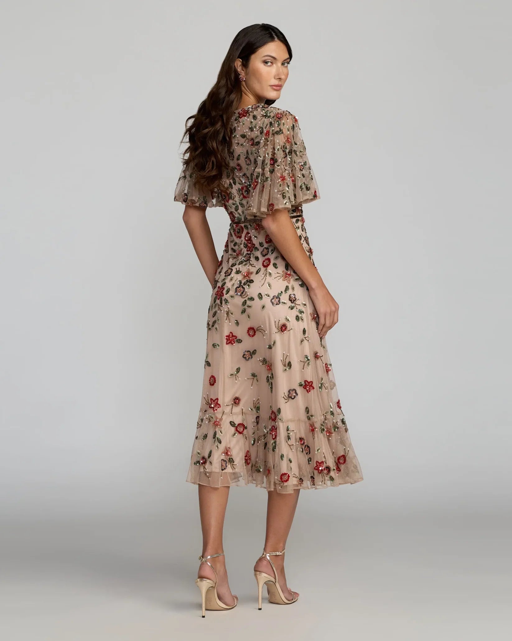 Mac Duggal 6162 Antique Rose floral beaded mesh flutter sleeve midi dress - back