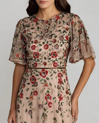 Mac Duggal 6162 Antique Rose floral beaded mesh flutter sleeve midi dress - detail