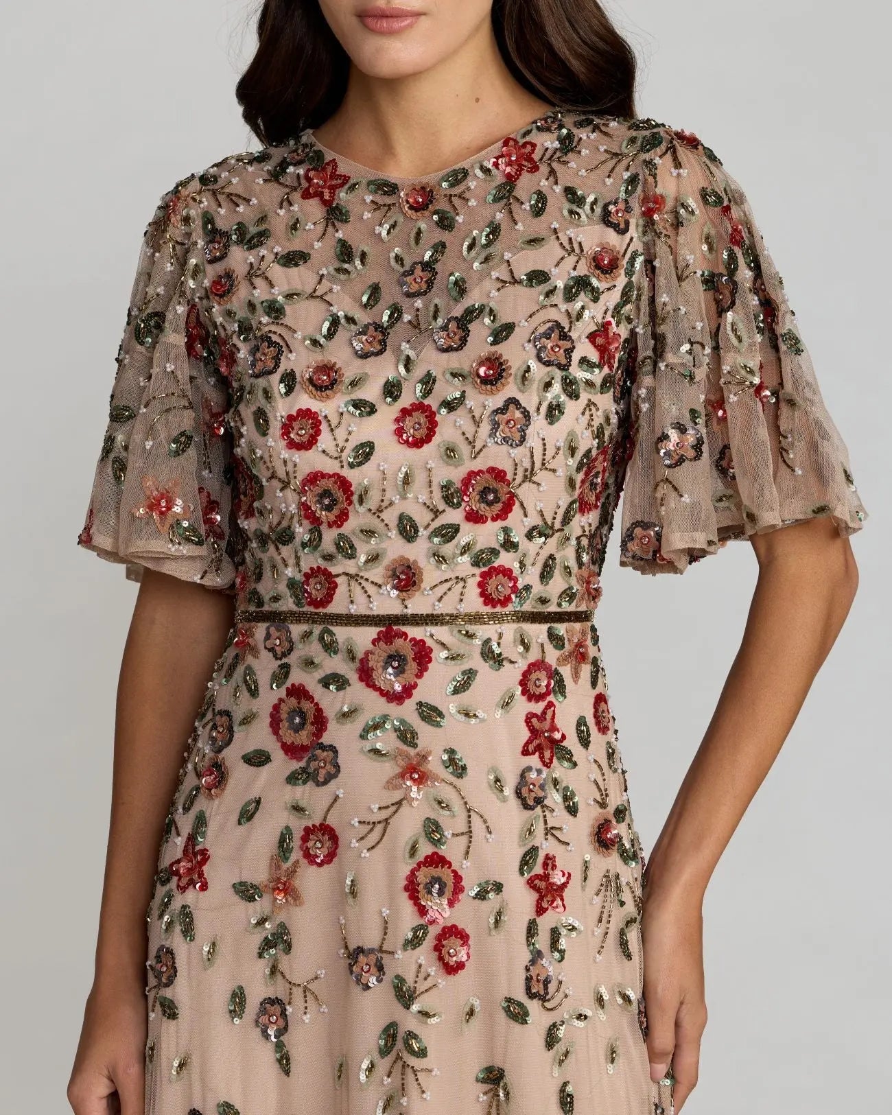 Mac Duggal 6162 Antique Rose floral beaded mesh flutter sleeve midi dress - detail
