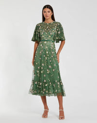 Mac Duggal 6162 Sage floral beaded mesh flutter sleeve midi dress - front